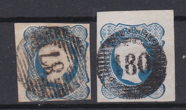 2374.jpg -     Lote:    2374      Lotes pelo Correio      Portugal       Descrição:         1856/58 &mdash; D. pedro V. Cabelos anelados. CE12, 25 reis azul. Lote de dois selos obliterados com carimbos numéricos da 1.ª reforma n.ºs 87 e 180, tipo 20 barras.        O       Valor Base:     &euro; 6,00     Valor Venda:     &euro;      