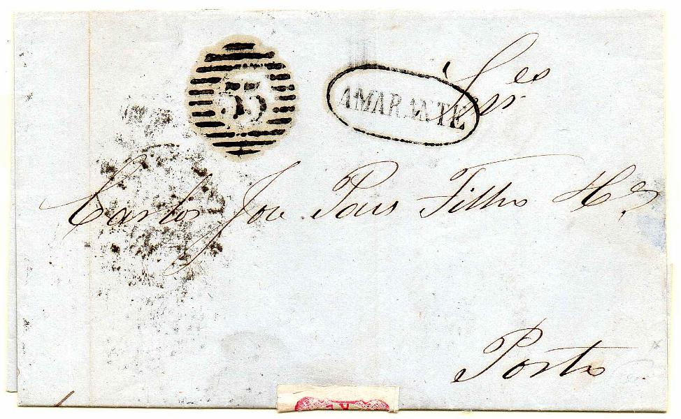 2375.jpg -     Lote:    2375      Lotes pelo Correio      Portugal       Descrição:         1856/58 &mdash; D. Luís I. CE13, 25 reis carmim rosa (selo cortado, com margens de luxo) em carta circulada de Amarante para o Porto (15.05.62). Carimbo numérico da 1.ª reforma "53", tipo 3.5.3.        Carta       Valor Base:     &euro; 6,00     Valor Venda:     &euro;      