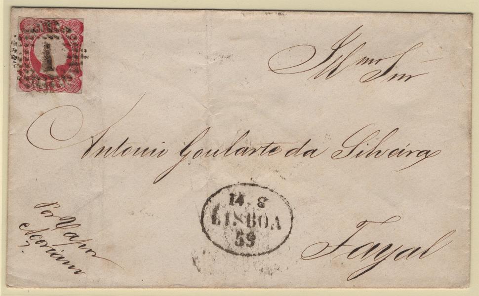 2376.jpg -     Lote:    2376      Lotes pelo Correio      Portugal       Descrição:         1856/58 &mdash; D. Pedro V. Cabelos anelados. CE13, 25 reis, com margens muito curtas em carta circulada de Lisboa (14.08.59) para o Faial. MB.        Carta       Valor Base:     &euro; 5,00     Valor Venda:     &euro;      