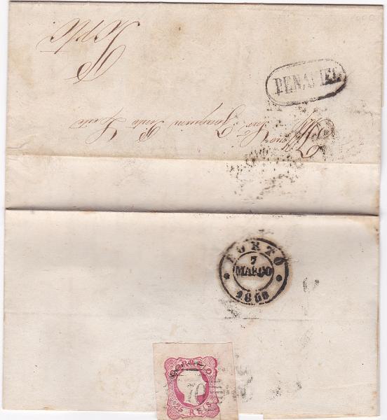 2378.jpg -     Lote:    2378      Lotes pelo Correio      Portugal       Descrição:         1856/58 &mdash; D. Pedro V, cabelos anelados. CE13, 25 reis. Selo com margens de luxo, no verso, em carta circulada de Penafiel para o Porto (07.03.60). Carimbo numérico da 1.ª reforma "70" tipo 3.5.3 e nominativo PENAFIEL, batidos a preto.        Carta       Valor Base:     &euro; 12,00     Valor Venda:     &euro;      