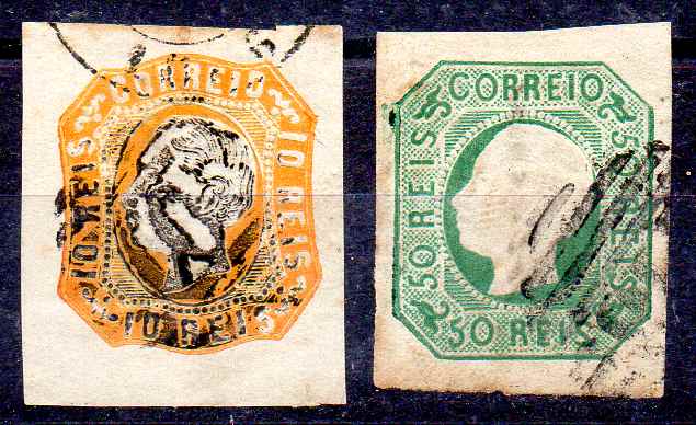 2384.jpg -     Lote:    2384      Lotes pelo Correio      Portugal       Descrição:         1862/64 &mdash; D. Luís I. CE15, 10 reis com margens de luxo e CE17, 50 reis verde-azul, com boas margens. Valor de catálogo &euro; 200,00.        O       Valor Base:     &euro; 10,00     Valor Venda:     &euro;      