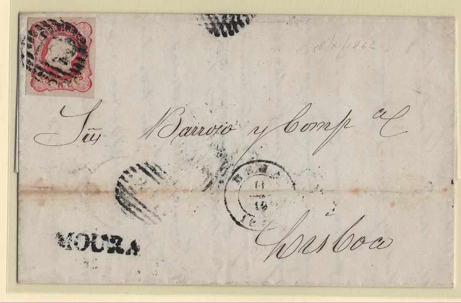 2388.jpg -     Lote:    2388      Lotes pelo Correio      Portugal       Descrição:         1862/64 &mdash; D. Luís I. CE16, 25 reis, cunho I, com margens normais em carta circulada de Moura para Lisboa (12.10.68). carimbo numérico "201" tipo 4.3.4 e nominativo MOURA.        Carta       Valor Base:     &euro; 8,00     Valor Venda:     &euro;      