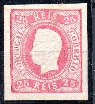 2396.jpg -     Lote:    2396      Lotes pelo Correio      Portugal       Descrição:         1866/67 &mdash; D. Luís I. Fita curva, não denteados. CE22, 25 reis, carmim, cunho II, com margens largas. Selo com goma não original. Valor de catálogo &euro; 190,00.        (*)       Valor Base:     &euro; 60,00     Valor Venda:     &euro;      