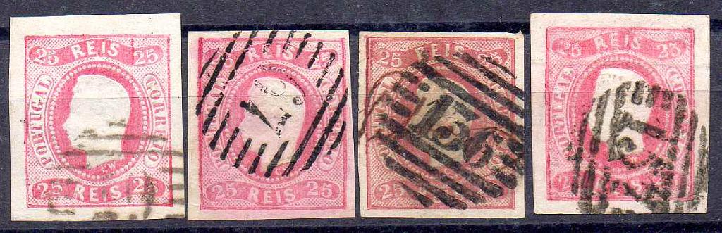 2397.jpg -     Lote:    2397      Lotes pelo Correio      Portugal       Descrição:         1866/67 &mdash; D. Luís I. Fita curva, não denteados. CE22, 25 reis, carmim, cunho II, Lote com 4 selos obliterados com carimbos numéricos da 1.ª reforma "67" (2), "136" e "157".        O       Valor Base:     &euro; 15,00     Valor Venda:     &euro;      