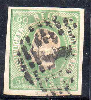 2398.jpg -     Lote:    2398      Lotes pelo Correio      Portugal       Descrição:         1866/67 &mdash; D. Luís I. Fita curva, não denteados. CE23, 50 reis, verde-claro, com margens normais. Valor de catálogo &euro; 120,00.        O       Valor Base:     &euro; 18,00     Valor Venda:     &euro;      