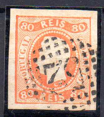 2399.jpg -     Lote:    2399      Lotes pelo Correio      Portugal       Descrição:         1866/67 &mdash; D. Luís I. Fita curva, não denteados. CE24, 80 reis, laranja, com margens largas. Valor de catálogo &euro; 120,00.        O       Valor Base:     &euro; 50,00     Valor Venda:     &euro;      