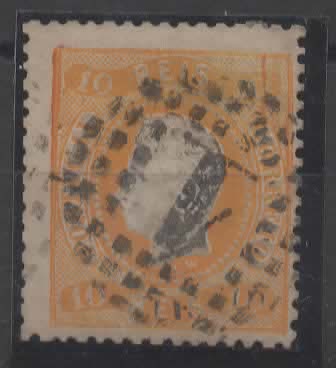 2409.jpg -     Lote:    2409      Lotes pelo Correio      Portugal       Descrição:         1867/70 &mdash; D. Luís I, fita curva, denteados. CE28, 10 reis amarelo laranja. Valor de catálogo &euro; 195,00.        O       Valor Base:     &euro; 16,00     Valor Venda:     &euro;      
