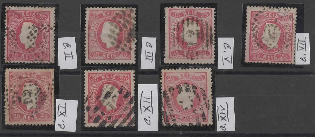 2411.jpg -     Lote:    2411      Lotes pelo Correio      Portugal       Descrição:         1867/70 &mdash; D. Luís I, fita curva, denteados. CE30, 25 reis carmim. Lote de 7 selos dos cunhos II, III, V, VII, XI, XII e XIV.        O       Valor Base:     &euro; 15,00     Valor Venda:     &euro;      