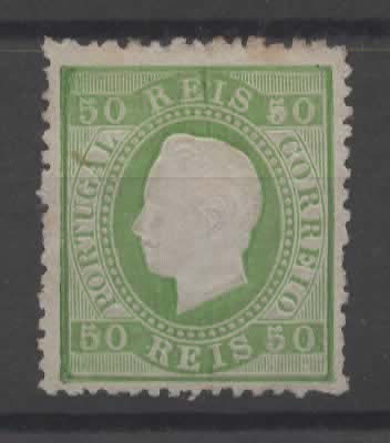 2420.jpg -     Lote:    2420      Lotes pelo Correio      Portugal       Descrição:         1867/70 &mdash; D. Luís I. Fita direita. CE41, 50 reis verde, cunho I, denteado 12 &frac12;, papel liso. Selo com "cabeça aberta". Valor de catálogo &euro; 115,00.        *       Valor Base:     &euro; 18,00     Valor Venda:     &euro;      