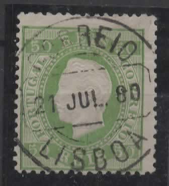 2421.jpg -     Lote:    2421      Lotes pelo Correio      Portugal       Descrição:         1870/76 &mdash; D. Luís I. Fita direita. CE41, 50 reis, denteado 12 &frac12;, cunho II, obliterado com CCD "CORREIO / 21 JUL 80 / LISBOA. Valor de catálogo &euro; 75,00.        O       Valor Base:     &euro; 16,00     Valor Venda:     &euro;      
