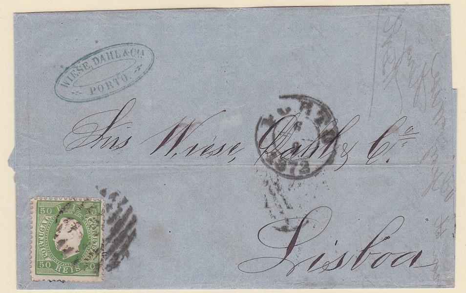 2422.jpg -     Lote:    2422      Lotes pelo Correio      Portugal       Descrição:         1870/76 &mdash; D. Luís I. Fita direita. CE41, 50 reis verde, denteado 12 &frac12;, papel liso, em carta circulada do Porto (06.09.72) para Lisboa.        Carta       Valor Base:     &euro; 15,00     Valor Venda:     &euro;      