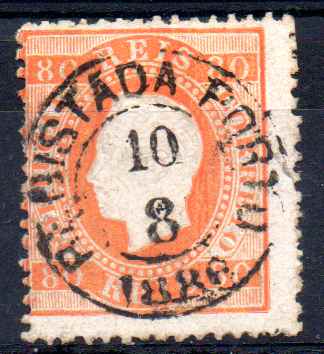 2425.jpg -     Lote:    2425      Lotes pelo Correio      Portugal       Descrição:         1870/76 &mdash; D. Luís I. Fita direita. CE42, 80 reis, denteado 12 &frac12;. Valor de catálogo &euro; 52,00.        O       Valor Base:     &euro; 8,00     Valor Venda:     &euro;      
