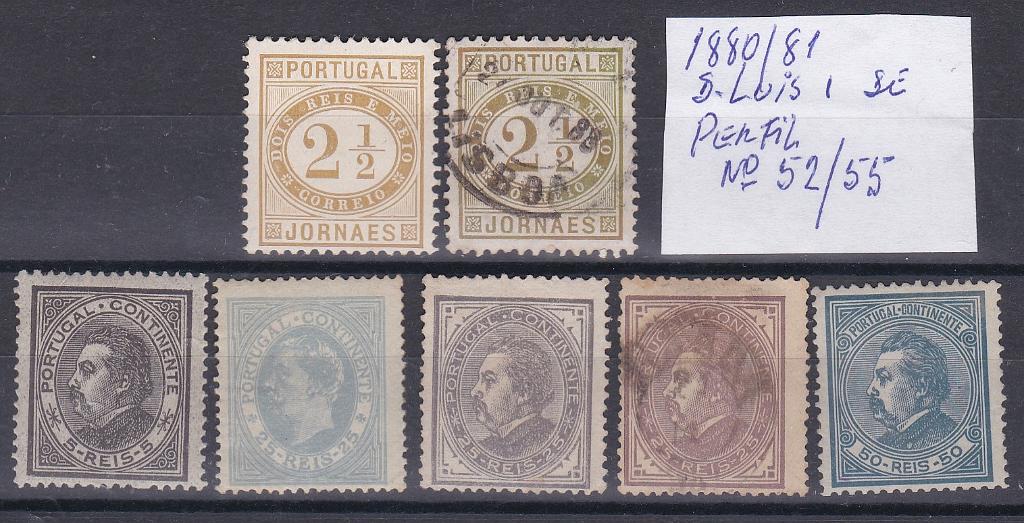 2433.jpg -     Lote:    2433      Lotes pelo Correio      Portugal       Descrição:         1876/81 &mdash; Jornaes + D. Luís I, de perfil. CE48 (um selo novo e um usados + CE52/55 (série nova e CE54 usado). Valor aproximado de catálogo &euro; 540,00.        (*)/O       Valor Base:     &euro; 40,00     Valor Venda:     &euro;      