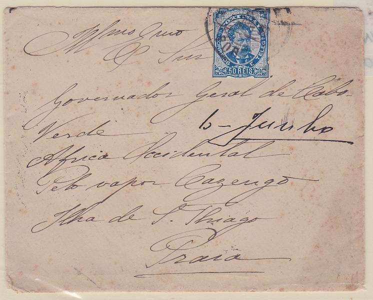 2436.jpg -     Lote:    2436      Lotes pelo Correio      Portugal       Descrição:         1882/83 &mdash; D. Luís I, de frente. CE58, 50 reis em sobrescrito circulado do Porto para Cabo Verde (13.06.90) com trânsito por Lisboa (06.06.90). Selo aparado a tesoura.        Carta       Valor Base:     &euro; 8,00     Valor Venda:     &euro;      