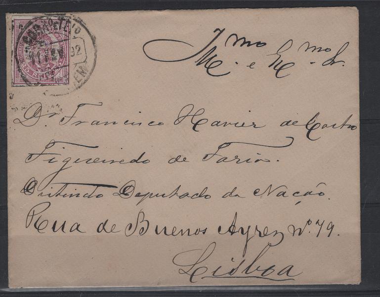 2440.jpg -     Lote:    2440      Lotes pelo Correio      Portugal       Descrição:         1884/87 &mdash; D. Luís I, de frente. CE63, 25 reis lilás rosa, recortado pelo quadro, em sobrescrito circulado para Lisboa (12.02.88). PASSOU Á MULTA.        Carta       Valor Base:     &euro; 8,00     Valor Venda:     &euro;      