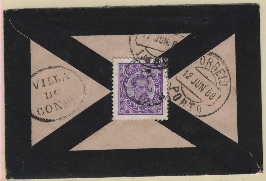 2441.jpg -     Lote:    2441      Lotes pelo Correio      Portugal       Descrição:         1884/87 &mdash; D. Luís I, de frente. CE63, 25 reis violeta, denteado 11 &frac12;, em sobrescrito circulado de Santo Tirso (12.06.88) para Vila do Conde. No verso carimbo nominativo a preto "VILLA / DO / CONDE".        Carta       Valor Base:     &euro; 20,00     Valor Venda:     &euro;      