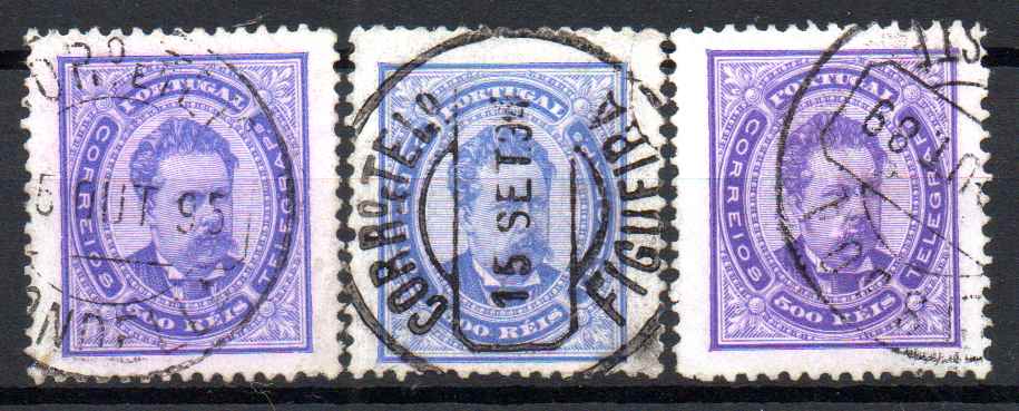 2444.jpg -     Lote:    2444      Lotes pelo Correio      Portugal       Descrição:         1884/87 &mdash; D. Luís I. De frente. Novos valores. CE65, 500 reis, denteado 12 &frac12;. Lote com 3 selos. Valor de catálogo &euro; 291,00.        O       Valor Base:     &euro; 20,00     Valor Venda:     &euro;      