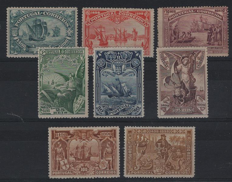 2454.jpg -     Lote:    2454      Lotes pelo Correio      Portugal       Descrição:         1898 &mdash; 4.º Centenário do Descobrimento do Caminho Marítimo para a Índia. CE 148/155. Série completa. Valor de catálogo &euro; 140,00.        (*)       Valor Base:     &euro; 14,00     Valor Venda:     &euro;      