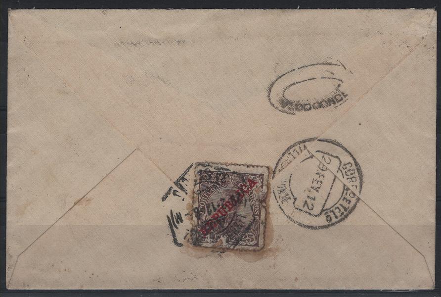 2455.jpg -     Lote:    2455      Lotes pelo Correio      Portugal       Descrição:         1910 &mdash; D. Manuel II, com sobrecarga REPUBLICA. CE175, 25 reis em sobrescrito circulado de Lisboa (28.02.12) para Vila do Conde, obliterado à chegada com marca de dupla oval a preto "V.ª DO CONDE".        Carta       Valor Base:     &euro; 10,00     Valor Venda:     &euro;      