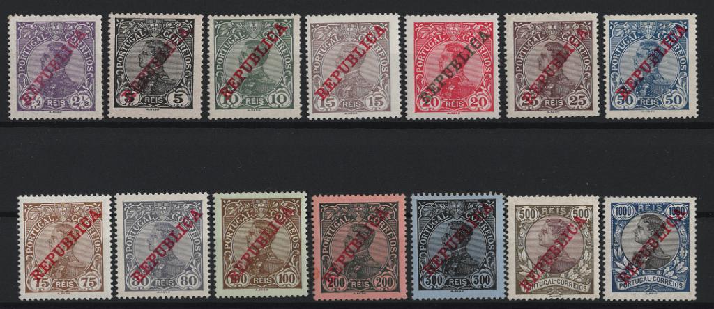 2456.jpg -     Lote:    2456      Lotes pelo Correio      Portugal       Descrição:         1910 &mdash; D. Manuel II, com sobrecarga REPUBLICA. CE 170/183. Série completa. Valor de catálogo &euro; 130,00.        **       Valor Base:     &euro; 12,00     Valor Venda:     &euro;      