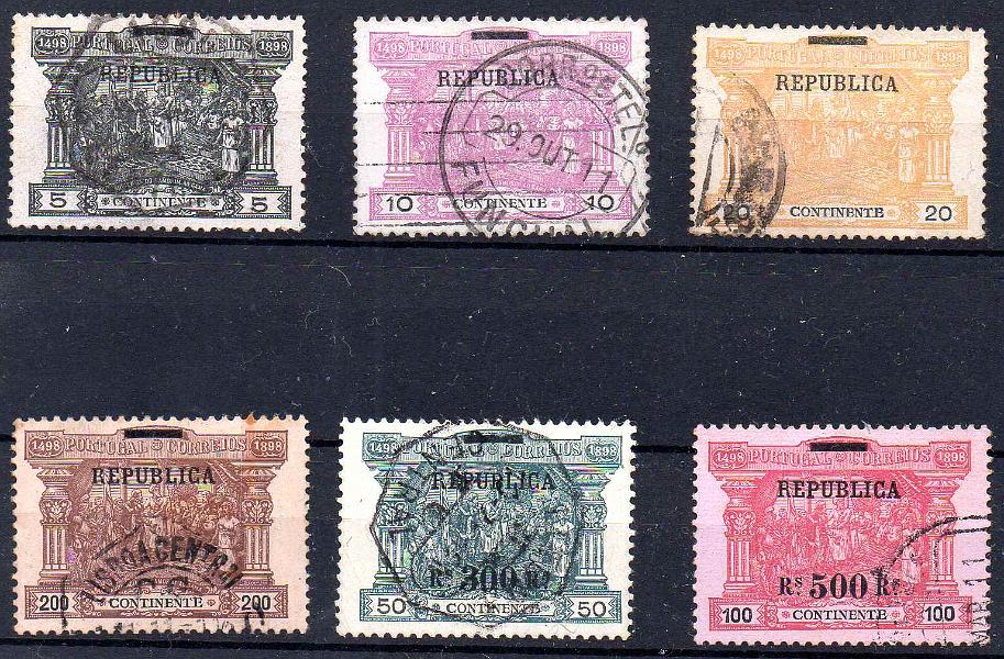 2458.jpg -     Lote:    2458      Lotes pelo Correio      Portugal       Descrição:         1911 &mdash; 4.º Centenário do Descobrimento do Caminho Marítimo para a Índia. Selos de Porteado do Continente com sobrecarga REPUBLICA e sobretaxa. CE 192/197. Série completa. Valor de catálogo &euro; 260,00.        O       Valor Base:     &euro; 22,00     Valor Venda:     &euro;      