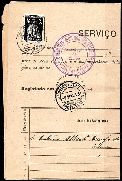 2461.jpg -     Lote:    2461      Lotes pelo Correio      Portugal       Descrição:         1912 &mdash; Ceres. Impresso Modelo 1 de Títulos à Cobrança remetido de Portalegre (02.05.15) para Moncorvo (10.05.15) com selo de &frac12; C preto, papel porcelana, denteado 15x14, CE 207, para pagamento do custo do impresso.        DOC       Valor Base:     &euro; 10,00     Valor Venda:     &euro;      