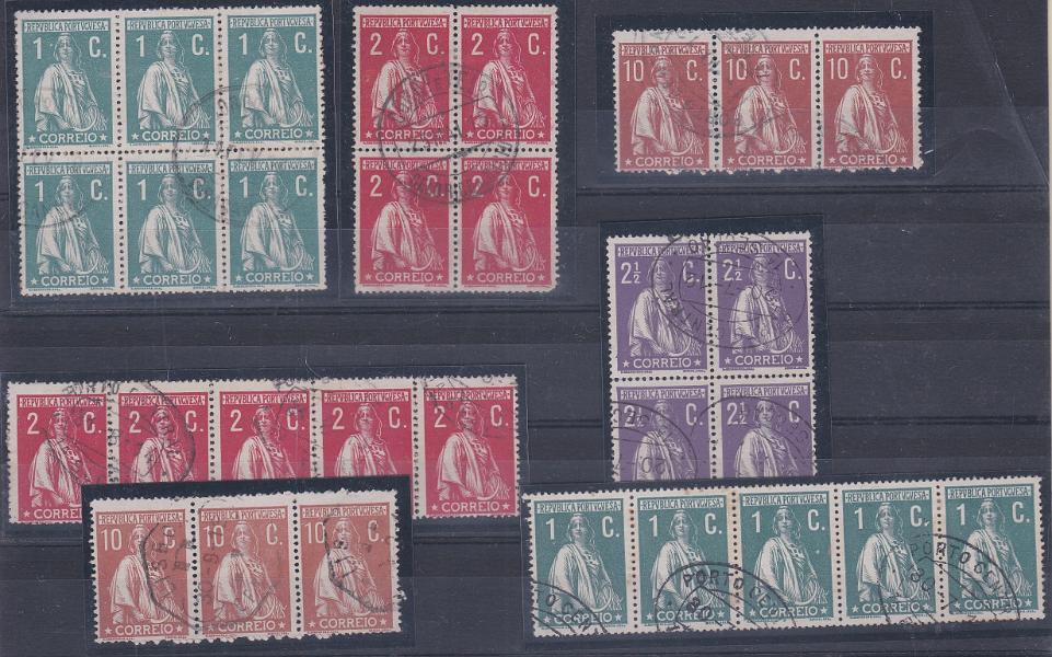 2463.jpg -     Lote:    2463      Lotes pelo Correio      Portugal       Descrição:         1912/15 &mdash; Ceres. Lote com múltiplos em tiras de 3, quadras, tiras de 5 e bloco de 6 selos, em papel porcelana ou esmalte. Alguns pontos parasitas nos blocos da taxa de 1c. Valor de catálogo &euro; 70,20. Lote a ver.        O       Valor Base:     &euro; 15,00     Valor Venda:     &euro;      