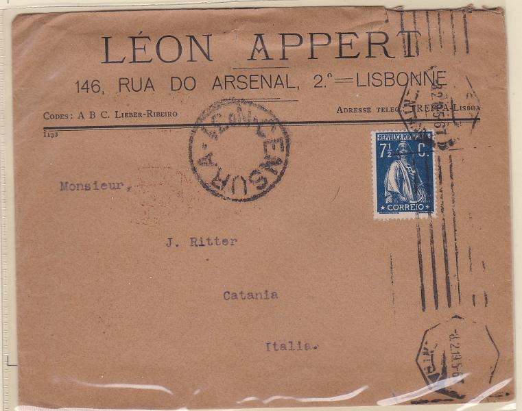 2465.jpg -     Lote:    2465      Lotes pelo Correio      Portugal       Descrição:         1912 &mdash; Ceres. CE213, 7 &frac12; C, denteado 15x14, papel, papel pontinhado em sobrescrito circulado de Lisboa (08.02.19) para Itália. Censurado por portugueses e italianos.        Carta       Valor Base:     &euro; 8,00     Valor Venda:     &euro;      