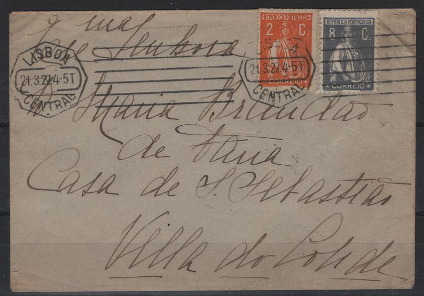 2466.jpg -     Lote:    2466      Lotes pelo Correio      Portugal       Descrição:         1912/20 &mdash; Ceres. Sobrescrito circulado de Lisboa (21.03.22) para Vila do Conde, com selos de 2c CE223, denteado 15x14 e 8c CE214, papel acetinado, denteado 12x11 &frac12;.        Carta       Valor Base:     &euro; 12,00     Valor Venda:     &euro;      