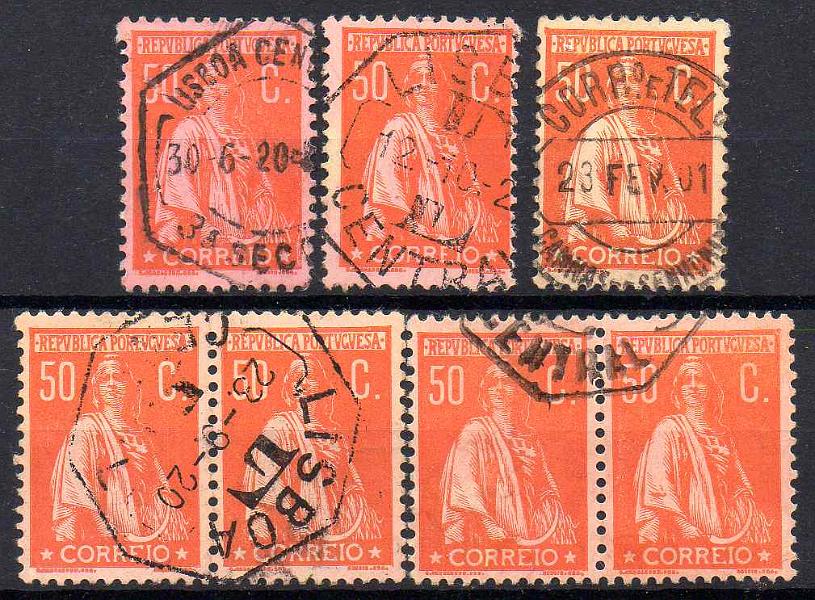 2467.jpg -     Lote:    2467      Lotes pelo Correio      Portugal       Descrição:         1912 &mdash; Ceres. CE219, 50C, denteado 12x11 &frac12;, papel porcelana colorido espesso. Lote composto por 3 selos isolados e dois pares, com tonalidades de cor. Valor de catálogo &euro; 294,00.        O       Valor Base:     &euro; 20,00     Valor Venda:     &euro;      