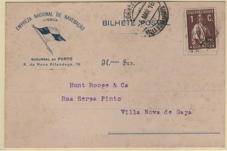 2470.jpg -     Lote:    2470      Lotes pelo Correio      Portugal       Descrição:         1917/20 &mdash; Ceres. Bilhete postal publicitário da EMPREZA NACIONAL DE NAVEGAÇÃO, circulado do Porto (04.03.18) para Vila Nova de Gaia (05.03.18) com selo de 1c CE221        PI       Valor Base:     &euro; 8,00     Valor Venda:     &euro;      