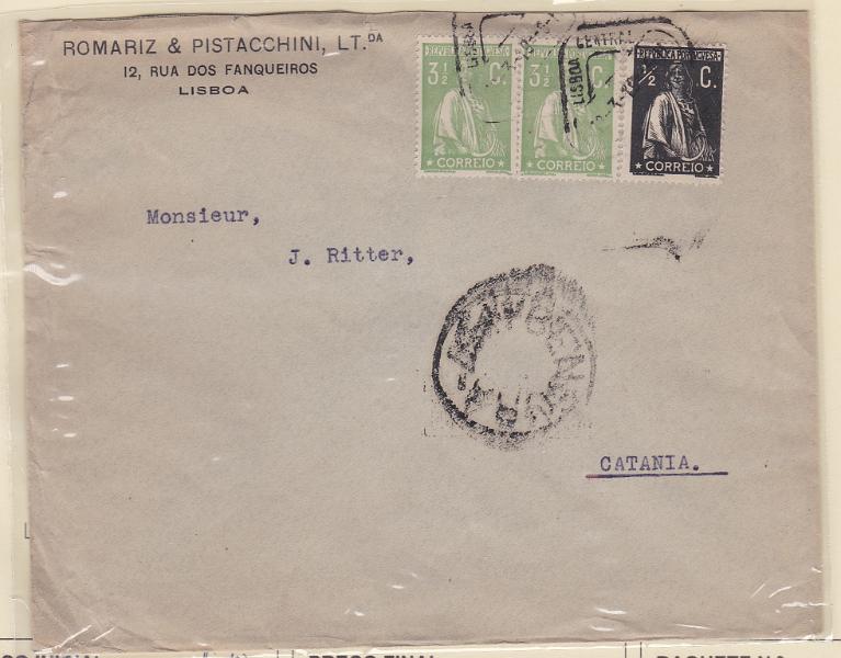 2471.jpg -     Lote:    2471      Lotes pelo Correio      Portugal       Descrição:         1912/20 &mdash; Ceres. Sobrescrito circulado de Lisboa (12.03.19) para Itália com selo de &frac12; C CE207b e dois selos de 3 &frac12; C CE225.        Carta       Valor Base:     &euro; 8,00     Valor Venda:     &euro;      