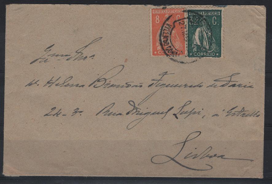 2474.jpg -     Lote:    2474      Lotes pelo Correio      Portugal       Descrição:         1924 &mdash; Ceres. Sobrescrito circulado de Vila do Conde (25.07.??) para Lisboa, com selos de 8c CE278 e 32c CE282.        Carta       Valor Base:     &euro; 10,00     Valor Venda:     &euro;      