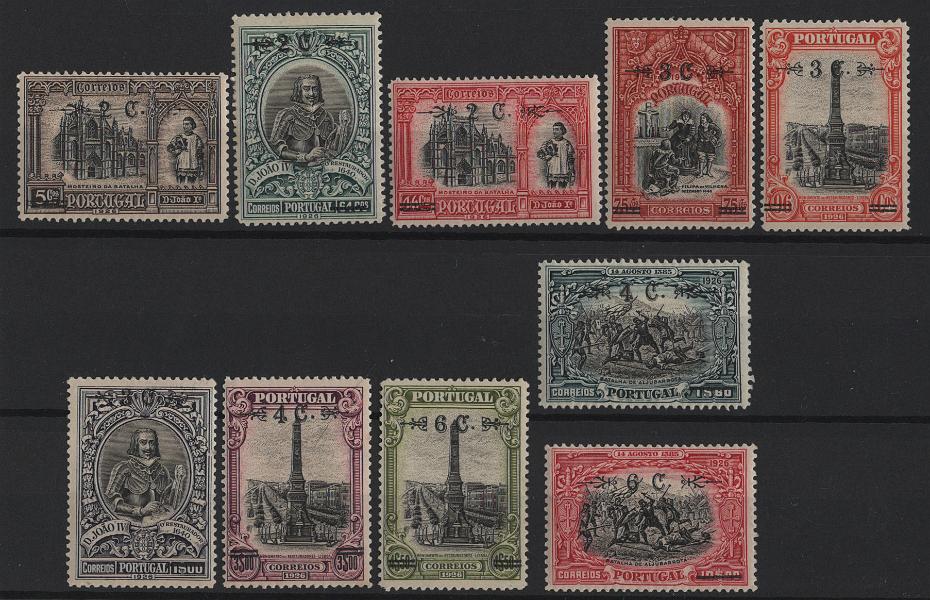 2480.jpg -     Lote:    2480      Lotes pelo Correio      Portugal       Descrição:         1926 &mdash; Independência de Portugal, com sobretaxa. CE 386/395. Série completa. Dois selos regomados. Valor de catálogo &euro; 62,00.        **       Valor Base:     &euro; 6,00     Valor Venda:     &euro;      