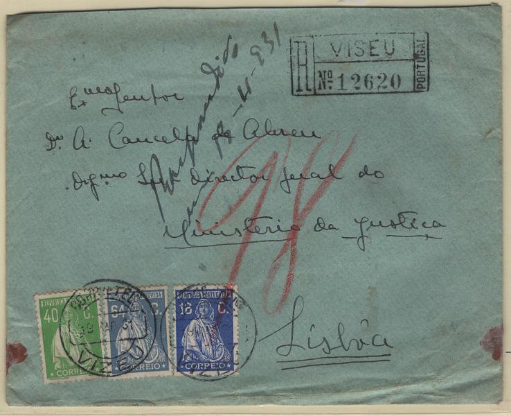 2483.jpg -     Lote:    2483      Lotes pelo Correio      Portugal       Descrição:         1926/30 &mdash; Ceres. Emissão Londres + Ceres. Gravura retocada. Sobrescrito circulado registado de Viseu (19.03.31) para Lisboa (20.03) com selos de 16c, 64c e 40c CE 403, 409 e 503.        Carta       Valor Base:     &euro; 12,00     Valor Venda:     &euro;      