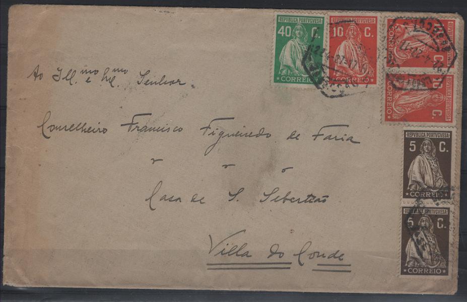 2484.jpg -     Lote:    2484      Lotes pelo Correio      Portugal       Descrição:         1926 &mdash; Ceres. Emissão Londres. Sobrescrito circulado de Lisboa (22.04.27) para Vila do Conde (28.04.27) com par de 5c, 3 selos de 10c e selo de 40c, CE399, 401 e 406.        Carta       Valor Base:     &euro; 20,00     Valor Venda:     &euro;      