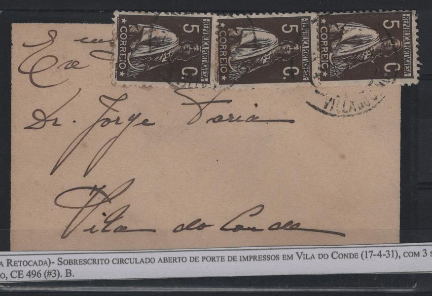 2493.jpg -     Lote:    2493      Lotes pelo Correio      Portugal       Descrição:         1930 &mdash; Ceres. Gravura retocada. CE496, 5c castanho-escuro. Três selos em sobrescrito circulado em Vila do Conde (17.04.31).        Carta       Valor Base:     &euro; 12,00     Valor Venda:     &euro;      