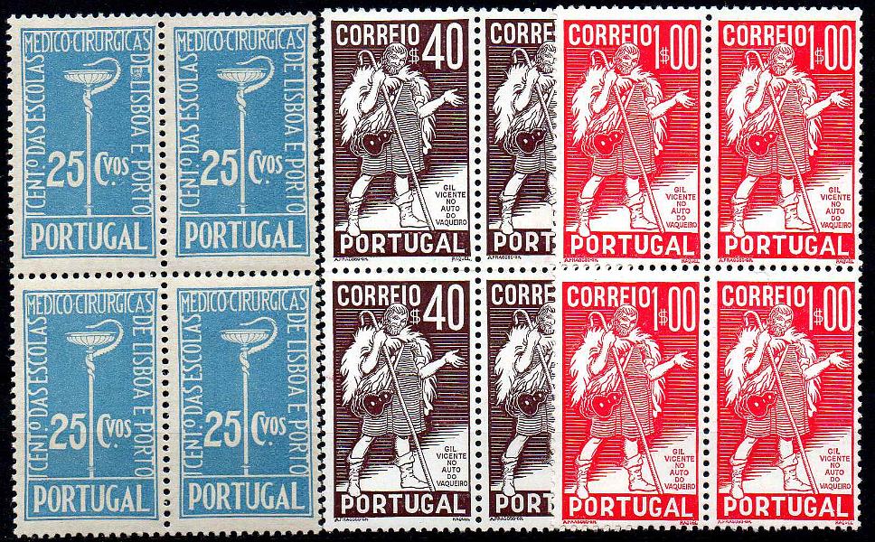 2505.jpg -     Lote:    2505      Lotes pelo Correio      Portugal       Descrição:         1937 &mdash; Centenário da Fundação das Escolas Médico-Cirúrgicas + 4.º Centenário da Morte de Gil Vicente. CE576/578. As duas séries completas em quadras com goma original sem sinal de charneira. Valor de catálogo &euro; 364,00.        ***       Valor Base:     &euro; 36,00     Valor Venda:     &euro;      