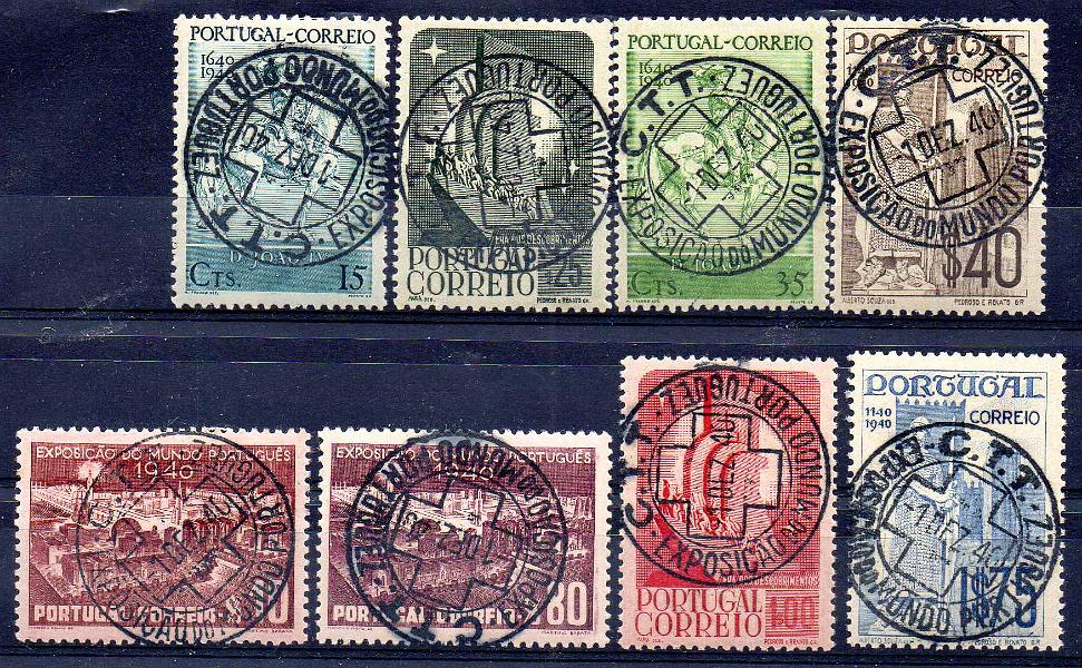 2506.jpg -     Lote:    2506      Lotes pelo Correio      Portugal       Descrição:         1940 &mdash; Centenários da Fundação e Restauração de Portugal. CE 591/598. Série completa obliterada com o carimbo comemorativo da "EXPOSIÇÃO DO MUNDO PORTUGUÊS / 1 DEZ 40".        O       Valor Base:     &euro; 6,00     Valor Venda:     &euro;      