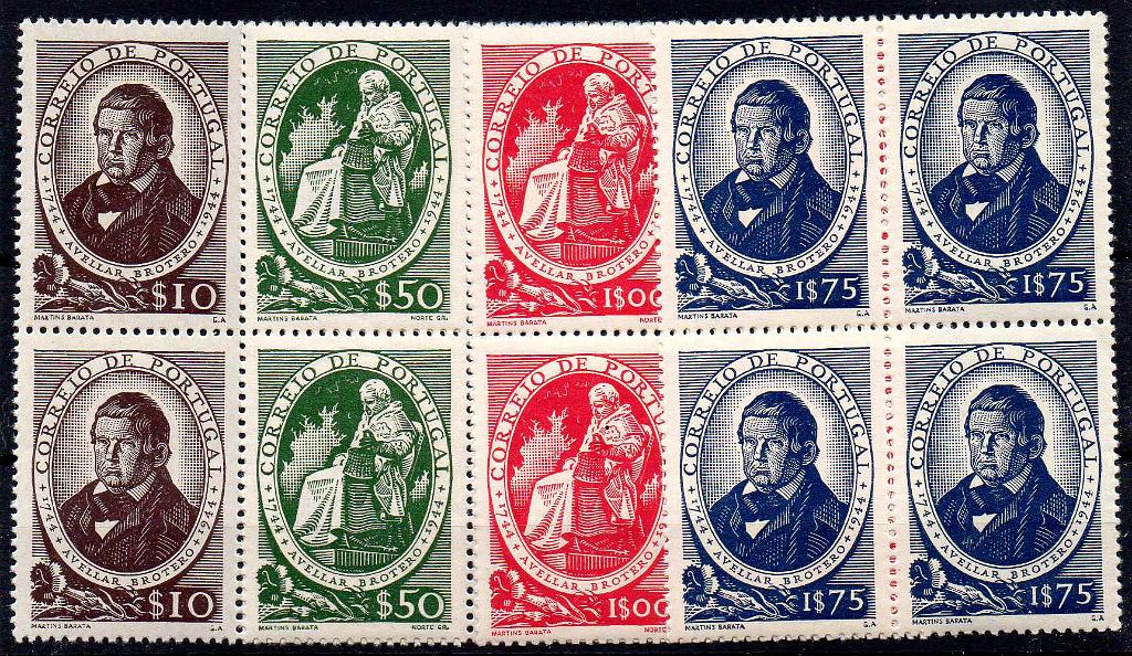 2514.jpg -     Lote:    2514      Lotes pelo Correio      Portugal       Descrição:         1944 &mdash; 2.º Centenário do Nascimento de Avelar Brotero. CE640/43. Série completa em quadras com goma original sem sinal de charneira. Valor de catálogo &euro; 172,00.        ***       Valor Base:     &euro; 16,00     Valor Venda:     &euro;      