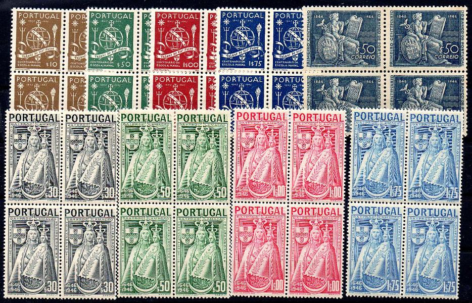 2516.jpg -     Lote:    2516      Lotes pelo Correio      Portugal       Descrição:         1945/46 &mdash; Centenário da Escola Naval + Centenário do Banco de Portugal + 3.º Centenário da Padroeira de Portugal. CE660/63 + CE672 + CE673/676. As três séries completas em quadras com goma original sem sinal de charneira. Valor de catálogo &euro; 164,00.        ***       Valor Base:     &euro; 16,00     Valor Venda:     &euro;      