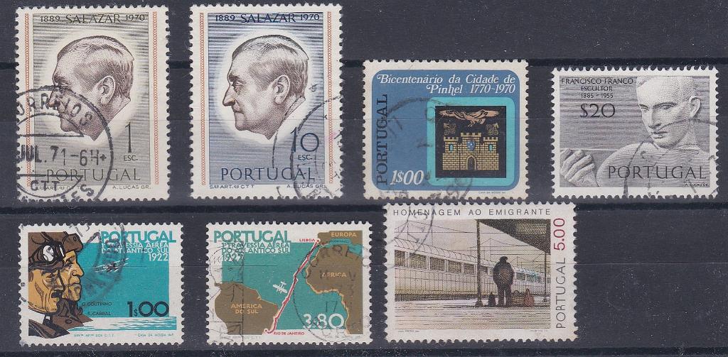 2542.jpg -     Lote:    2542      Lotes pelo Correio      Portugal       Descrição:         1971/72 &mdash; Lote com sete selos com melhores denteados, $20 Escultores CE1100, denteado 13 &frac12; + série em denteado 12, Presidente Salazar, CE1106 e 1108 + 1$00 em denteado 12x12 &frac12;, Cidade de Pinhel CE1146 + série em denteado 13 &frac12; Travessia Lisboa-Rio de Janeiro CE1171 e 1174 + 1979 Homenagem ao Emigrante, 5$00 com fósforo do lado de Portugal. Valor de catálogo &euro; 107,40.        O       Valor Base:     &euro; 15,00     Valor Venda:     &euro;      