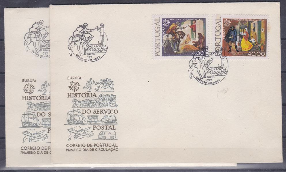 2547.jpg -     Lote:    2547      Lotes pelo Correio      Portugal       Descrição:         1979 &mdash; Europa CEPT * História dos Correios. CE 1423/24. Lote com dois FDC's incluindo selos com tarja fosforescentes, com carimbos do Porto e Funchal. Valor de catálogo &euro; 80,00.        FDC       Valor Base:     &euro; 20,00     Valor Venda:     &euro;      