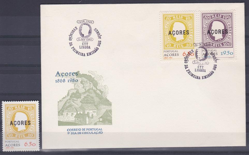 2549.jpg -     Lote:    2549      Lotes pelo Correio      Portugal       Descrição:         1980 &mdash; Evocação da Primeira Emissão dos Açores. CE 1452/53. Série completa em sobrescrito de 1.º dia de circulação, com selo de 6$50 com fundo amarelo em vez de laranja. Acompanha selo normal para comparação.        FDC       Valor Base:     &euro; 6,00     Valor Venda:     &euro;      