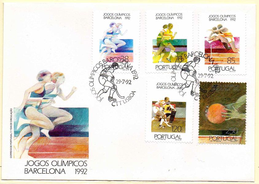 2558.jpg -     Lote:    2558      Lotes pelo Correio      Portugal       Descrição:         1992 &mdash; Jogos Olímpicos de Barcelona. CE 2096/2100. FDC com a série completa, incluindo o selo retirado do bloco. Pouco vulgar.        FDC       Valor Base:     &euro; 5,00     Valor Venda:     &euro;      