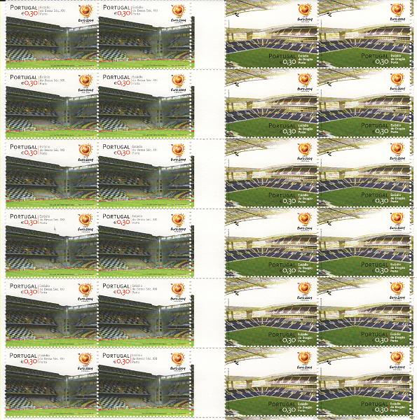 2567.jpg -     Lote:    2567      Lotes pelo Correio      Portugal       Descrição:         2003/2004 &mdash; UEFA * Euro 2004 + Euro 2004 + Estádios do Euro. CE2980/2984 + CE3103/3110 + 3112/3121. As três séries completas em blocos de 12 selos. Valor de catálogo &euro; 252,00.        ***       Valor Base:     &euro; 10,00     Valor Venda:     &euro;      