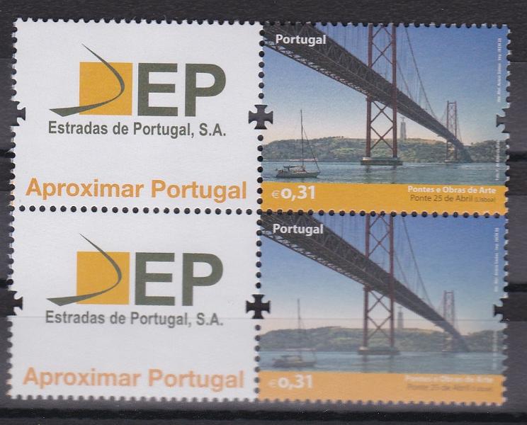 2573.jpg -     Lote:    2573      Lotes pelo Correio      Portugal       Descrição:         2008 &mdash; Pontes e Obras de Arte * "EP &mdash; Estradas de Portugal SA". CE3782A. Per vertical de selos. Valor de catálogo &euro; 40,00.        ***       Valor Base:     &euro; 5,00     Valor Venda:     &euro;      