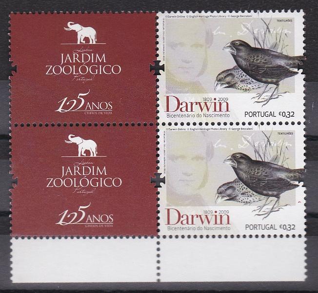2574.jpg -     Lote:    2574      Lotes pelo Correio      Portugal       Descrição:         2009 &mdash; Bicentenário do Nascimento de Charles Darwin -"Jardim Zoológico 125 anos. CE3803A. Par vertical de selos. Valor de catálogo &euro; 10,00.        ***       Valor Base:     &euro; 5,00     Valor Venda:     &euro;      