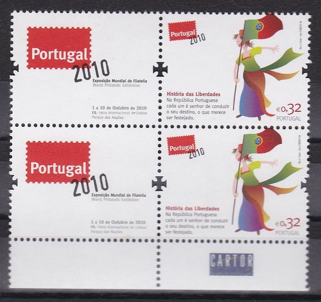 2578.jpg -     Lote:    2578      Lotes pelo Correio      Portugal       Descrição:         2010 &mdash; História das Liberdades * Portugal 2010. CE4027A. Par vertical de selos. Valor de catálogo &euro; 10,00.        ***       Valor Base:     &euro; 5,00     Valor Venda:     &euro;      