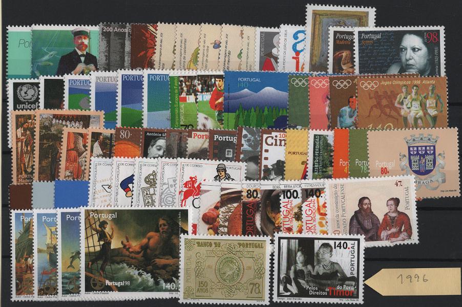 2597.jpg -     Lote:    2597      Lotes pelo Correio      Portugal       Descrição:         1996 &mdash; Ano completo com 64 selos. Valor de catálogo &euro; 102,00.        ***       Valor Base:     &euro; 10,00     Valor Venda:     &euro;      